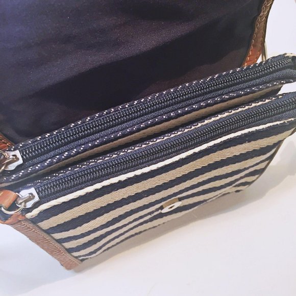 CHAPS Navy and White Striped Crossbody Leather - Picture 4 of 11